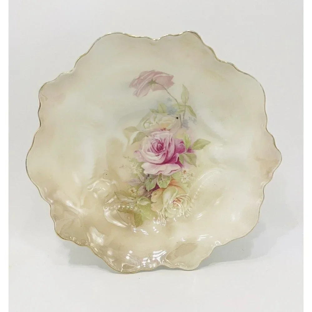 Vintage RS Germany Floral Bowl 9” Roses Enamel Handpainted Scalloped Gold Trim